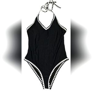 Cupshe One Piece Swimsuit NWT Size M Black White Halter Bathing Suit.